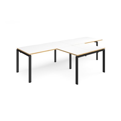 Adapt double straight desks 3200mm x 800mm with 800mm return desks - black frame, white top with oak edge
