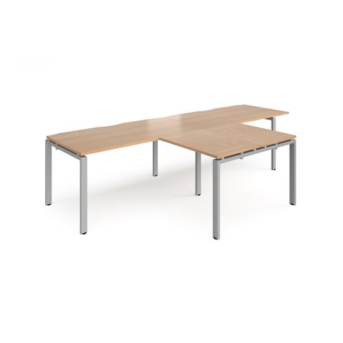 Adapt double straight desks 3200mm x 800mm with 800mm return desks - silver frame, beech top