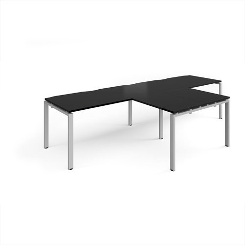 Adapt double straight desks 3200mm x 800mm with 800mm return desks - silver frame, black top