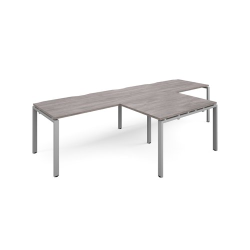 Adapt double straight desks 3200mm x 800mm with 800mm return desks - silver frame, grey oak top