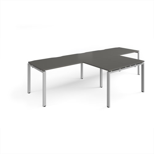 Adapt double straight desks 3200mm x 800mm with 800mm return desks - silver frame, onyx grey top