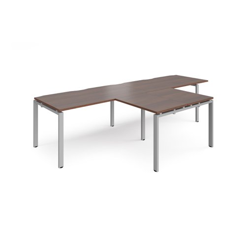 Adapt double straight desks 3200mm x 800mm with 800mm return desks - silver frame, walnut top