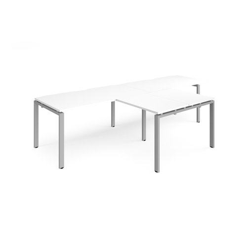 Adapt double straight desks 3200mm x 800mm with 800mm return desks - silver frame, white top
