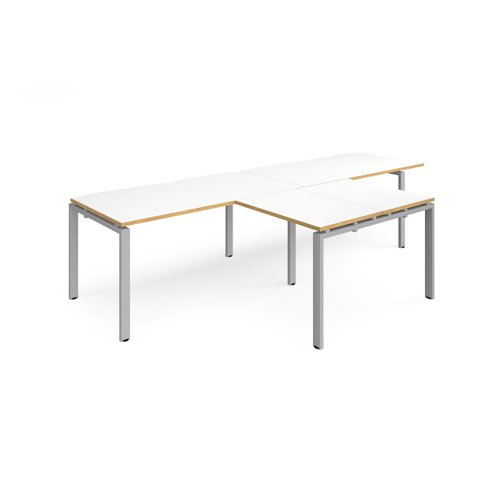 Adapt double straight desks 3200mm x 800mm with 800mm return desks - silver frame, white top with oak edge