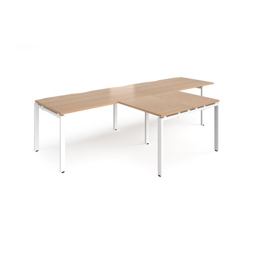 Adapt double straight desks 3200mm x 800mm with 800mm return desks - white frame, beech top
