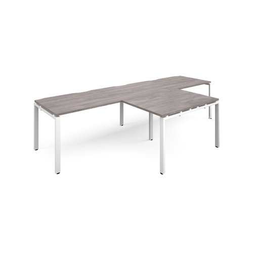 Adapt double straight desks 3200mm x 800mm with 800mm return desks - white frame, grey oak top