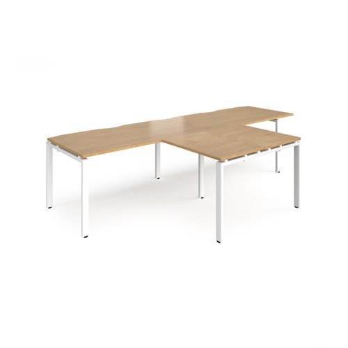 Adapt double straight desks 3200mm x 800mm with 800mm return desks - white frame, oak top