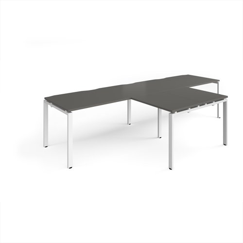 Adapt double straight desks 3200mm x 800mm with 800mm return desks - white frame, onyx grey top