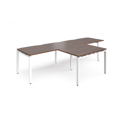 Adapt double straight desks 3200mm x 800mm with 800mm return desks - white frame, walnut top