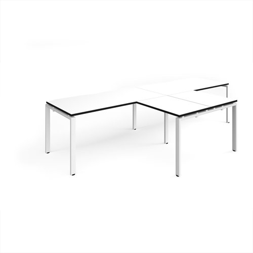 Adapt double straight desks 3200mm x 800mm with 800mm return desks - white frame, white top with black edge