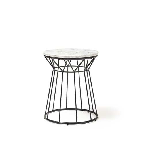 Este circular side table with black wire frame and Carrara marble effect top