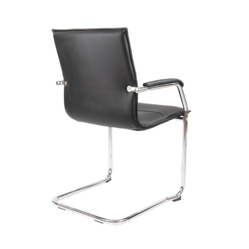 Essen’s chrome cantilever frame and leather faced seat and back offers a sophisticated style with a hint of retro. Available in black and grey with matching padded arms, the smoothly shaped seat and back gently cradle and support the body, providing lateral and lumbar support when in use, and the Essen chairs are fully stackable when idle.