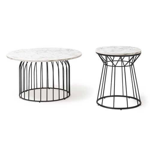 Este circular side table with black wire frame and Carrara marble effect top