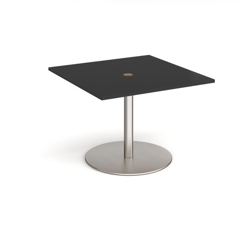 Eternal square meeting table 1000mm x 1000mm with central circular cutout 80mm - brushed steel base, black top | ETN10-CO-BS-BK | Dams International