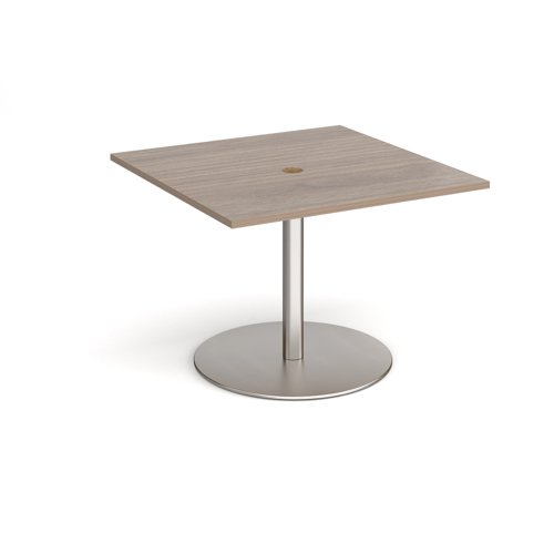 Eternal square meeting table 1000mm x 1000mm with central circular cutout 80mm - brushed steel base, Barcelona walnut top | ETN10-CO-BS-BW | Dams International