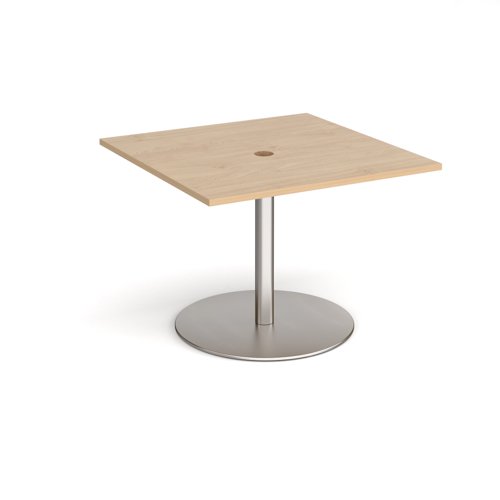 Eternal square meeting table 1000mm x 1000mm with central circular cutout 80mm - brushed steel base, kendal oak top | ETN10-CO-BS-KO | Dams International