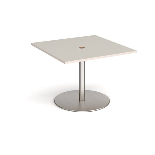 Eternal square meeting table 1000mm x 1000mm with central circular cutout 80mm - brushed steel base, light grey top
