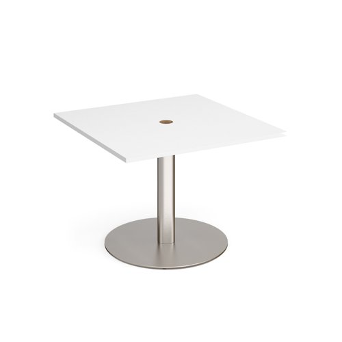 Eternal square meeting table 1000mm x 1000mm with central circular cutout 80mm - brushed steel base, white top