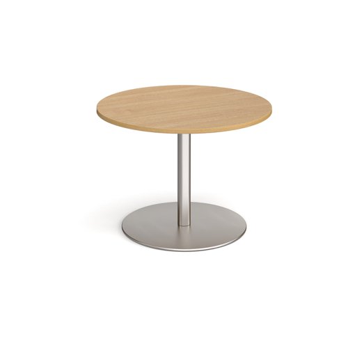 Eternal circular boardroom table 1000mm - brushed steel base, oak top (Made-to-order 4 - 6 week lead time)