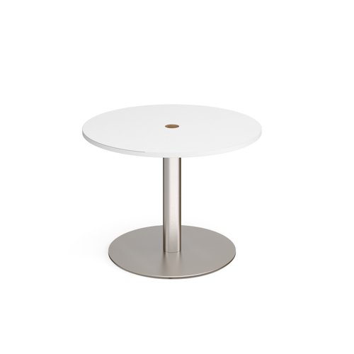 Eternal circular meeting table 1000mm with central circular cutout 80mm - brushed steel base, white top ETN10C-CO-BS-WH Buy online at Office 5Star or contact us Tel 01594 810081 for assistance