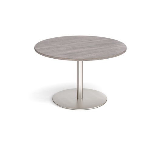 Eternal circular boardroom table 1200mm - brushed steel base, grey oak top ETN12C-BS-GO Buy online at Office 5Star or contact us Tel 01594 810081 for assistance