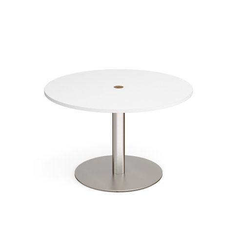 Eternal circular meeting table 1200mm with central circular cutout 80mm - brushed steel base, white top Meeting Tables ETN12C-CO-BS-WH