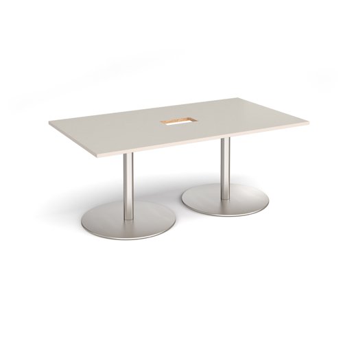 Eternal rectangular boardroom table 1800mm x 1000mm with central cutout 272mm x 132mm - brushed steel base, light grey top