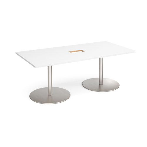 Eternal rectangular boardroom table 2000mm x 1000mm with central cutout 272mm x 132mm - brushed steel base, white top ETN20-CO-BS-WH Buy online at Office 5Star or contact us Tel 01594 810081 for assistance