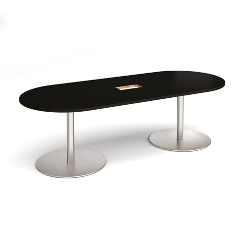 Eternal radial end boardroom table 2400mm x 1000mm with central cutout 272mm x 132mm - brushed steel base, black top