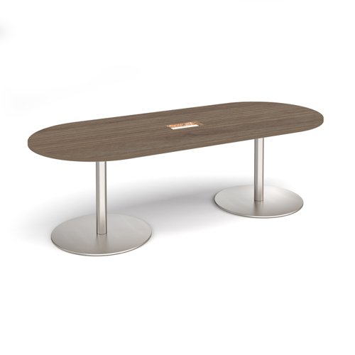 Eternal radial end boardroom table 2400mm x 1000mm with central cutout 272mm x 132mm - brushed steel base, Barcelona walnut top