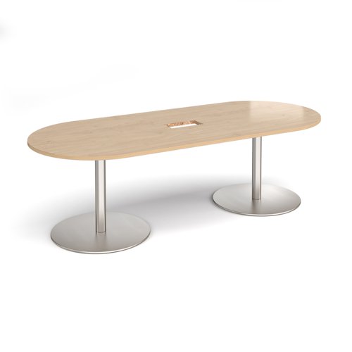 Eternal radial end boardroom table 2400mm x 1000mm with central cutout 272mm x 132mm - brushed steel base, kendal oak top