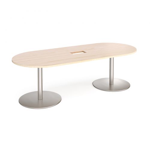 Eternal radial end boardroom table 2400mm x 1000mm with central cutout 272mm x 132mm - brushed steel base and maple top