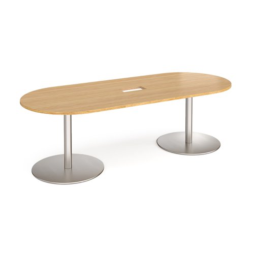 Eternal radial end boardroom table 2400mm x 1000mm with central cutout 272mm x 132mm - brushed steel base, oak top