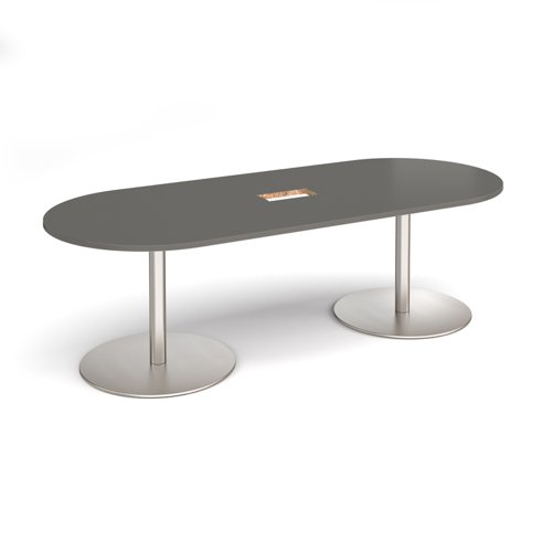 Eternal radial end boardroom table 2400mm x 1000mm with central cutout 272mm x 132mm - brushed steel base, onyx grey top