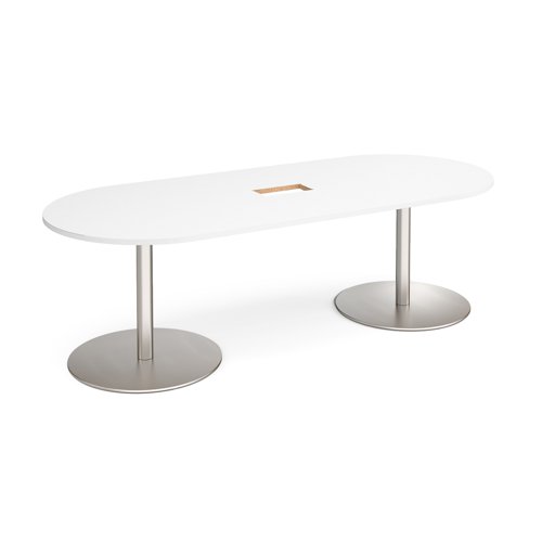 Eternal Radial End Boardroom Table 2400mm X 1000mm With Central Cutout 272mm X 132mm Brushed Steel Base White Top
