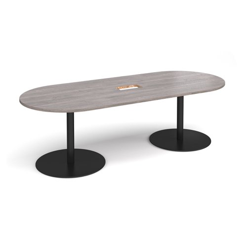 Eternal radial end boardroom table 2400mm x 1000mm with central cutout 272mm x 132mm - black base, grey oak top (Made-to-order 4 - 6 week lead time)