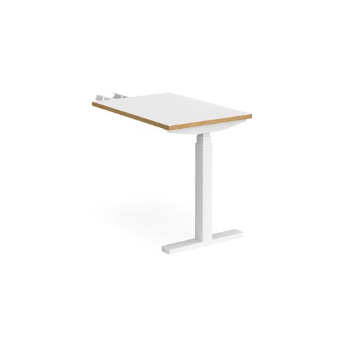 Elev8 Touch sit-stand return desk 600mm x 800mm - white frame, white top with oak edge EVT-RET-WH-WO Buy online at Office 5Star or contact us Tel 01594 810081 for assistance