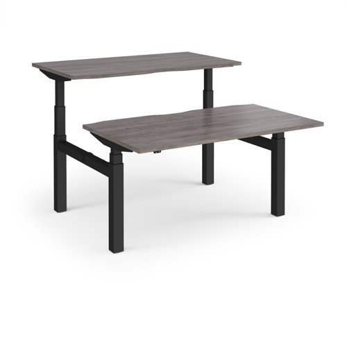 Elev8 Touch sit-stand back-to-back desks 1400mm x 1650mm - black frame, grey oak top