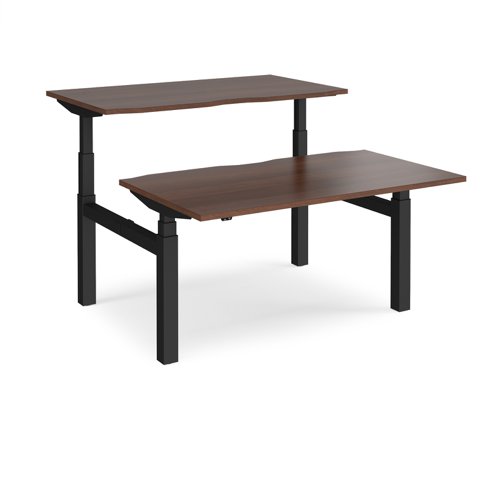 Elev8 Touch sit-stand back-to-back desks 1400mm x 1650mm - black frame, walnut top