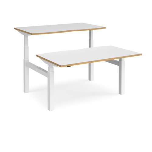 Elev8 Touch sit-stand back-to-back desks 1400mm x 1650mm - white frame, white top with oak edge Bench Desking EVTB-1400-WH-WO