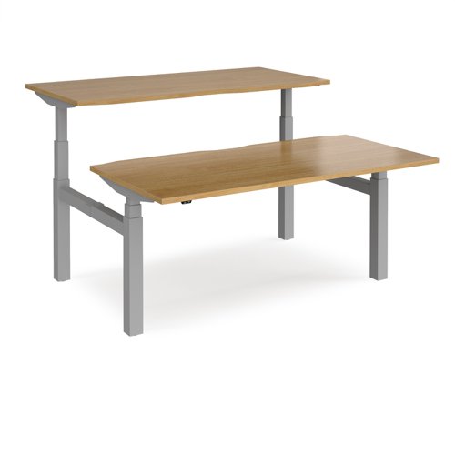 Elev8 Touch sit-stand back-to-back desks 1600mm x 1650mm - silver frame, oak top