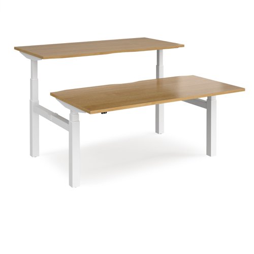 Elev8 Touch sit-stand back-to-back desks 1600mm x 1650mm - white frame, oak top | EVTB-1600-WH-O | Dams International