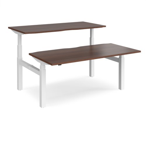 Elev8 Touch sit-stand back-to-back desks 1600mm x 1650mm - white frame, walnut top Bench Desking EVTB-1600-WH-W