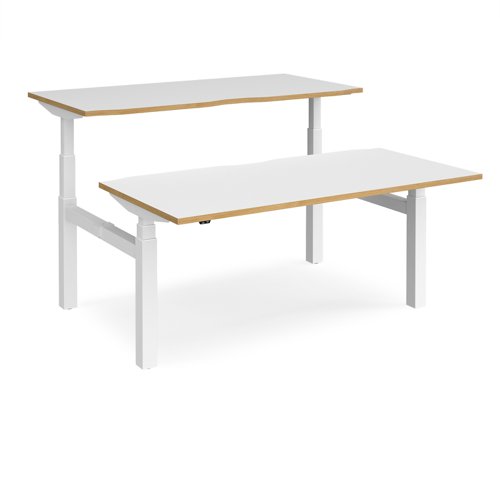 Elev8 Touch sit-stand back-to-back desks 1600mm x 1650mm - white frame, white top with oak edge