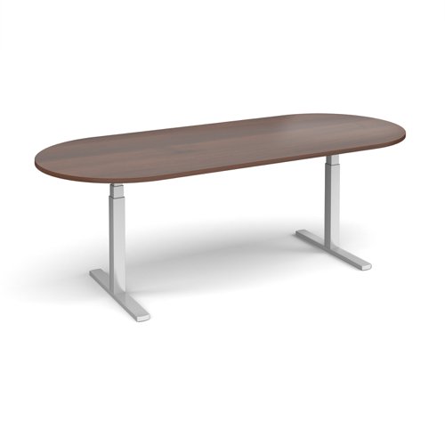 Elev8 Touch radial end boardroom table 2400mm x 1000mm - silver frame, walnut top (Made-to-order 4 - 6 week lead time)