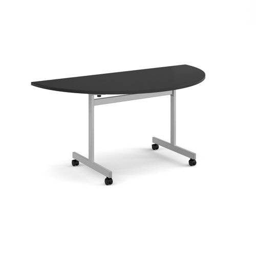 Semi circular flip top meeting table with silver frame 1600mm x 800mm - Black