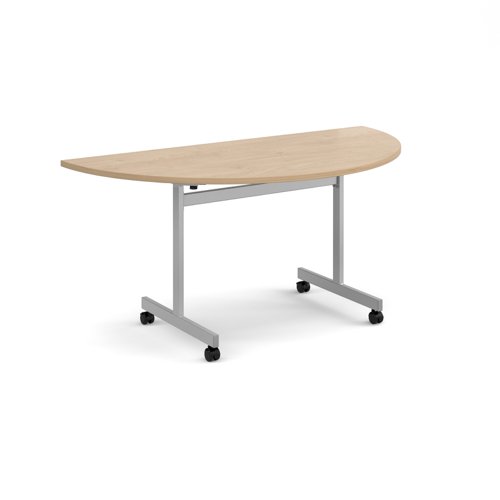 Semi circular flip top meeting table with silver frame 1600mm x 800mm - Kendal Oak