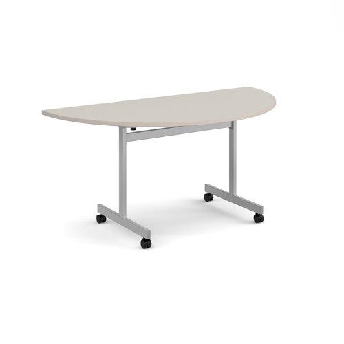 Semi circular flip top meeting table with silver frame 1600mm x 800mm - Light Grey