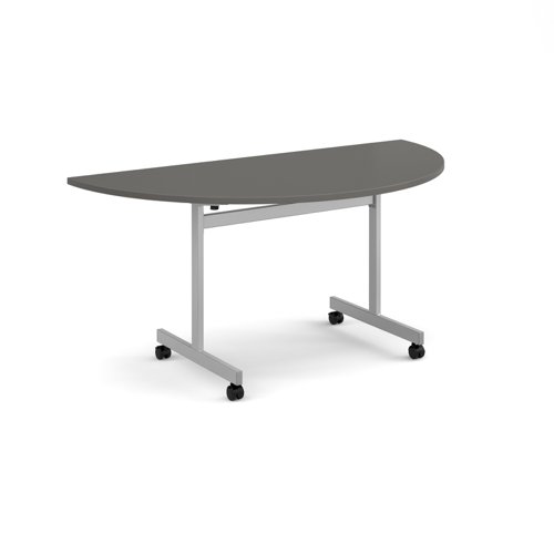 Semi circular flip top meeting table with silver frame 1600mm x 800mm - Onyx Grey