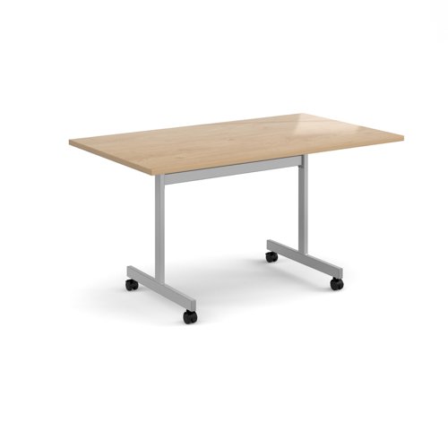 Rectangular flip top meeting table with silver frame 1400mm x 800mm - Kendal Oak